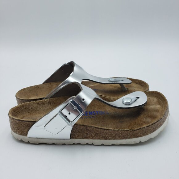 Birkenstock Gizeh Thong Sandals 38 Womens Slip On Leather Silver - Picture 2 of 9